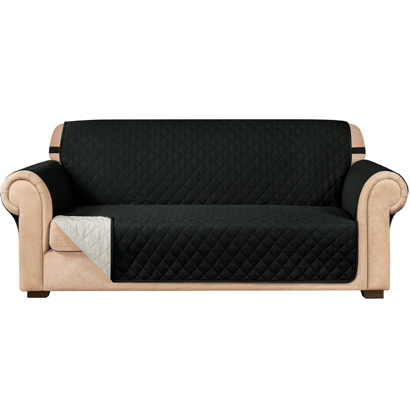 subrtex Quilted Sofa Cover Reversible Sofa Protector 1,2,3 Seater with Adjustable Elastic Straps, Side Storage Pocket (2 Seaters, Black) - Image 1
