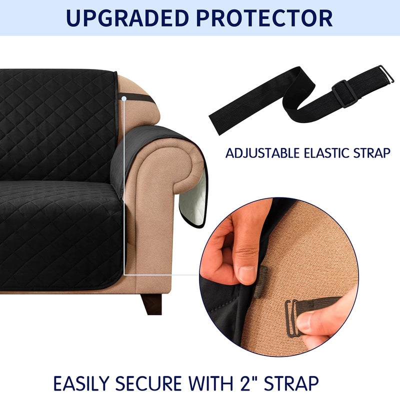 subrtex Quilted Sofa Cover Reversible Sofa Protector 1,2,3 Seater with Adjustable Elastic Straps, Side Storage Pocket (2 Seaters, Black) - Image 4