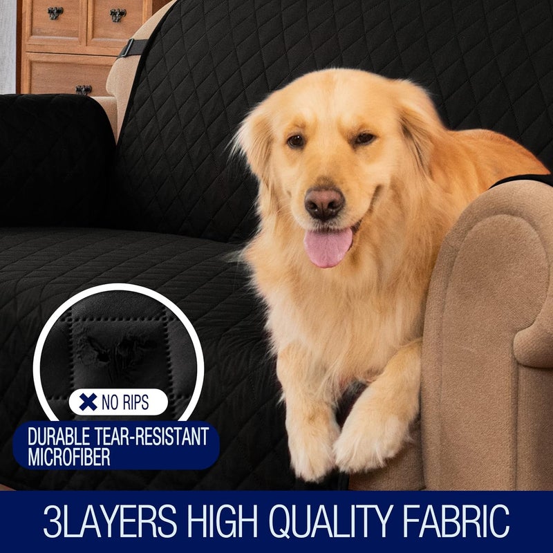 subrtex Quilted Sofa Cover Reversible Sofa Protector 1,2,3 Seater with Adjustable Elastic Straps, Side Storage Pocket (2 Seaters, Black) - Image 5