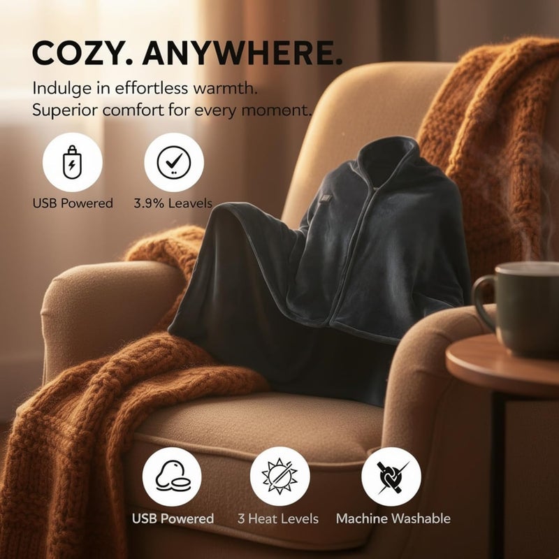 USB Heated Shawl Wraps for Women, 39.4 x 59.1 in / 100 x 150 cm Extra Large Blanket, Soft Fleece Heated Throw Blanket, Electric Wearable Heating Blankets, Winter Warm Gifts, Gray - Image 2