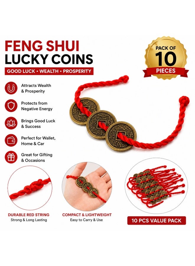 JOLLITY LLC Feng Shui Lucky Coins with Red String | Traditional Wealth & Prosperity Charm | Decorative Good Luck Coins for Wallet, Home & Gifts | Pack of 10 - Image 1