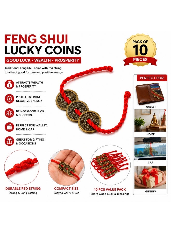 JOLLITY LLC Feng Shui Lucky Coins with Red String | Traditional Wealth & Prosperity Charm | Decorative Good Luck Coins for Wallet, Home & Gifts | Pack of 10 - Image 2