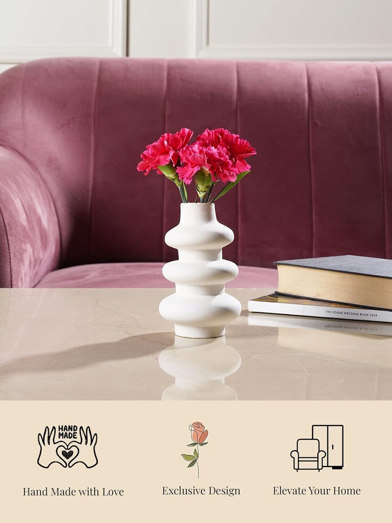 PUREZENTO Round Shaped White Ceramic Designer Flower Vase for Home Decor Centre Table Bedroom Side Corner - Image 3
