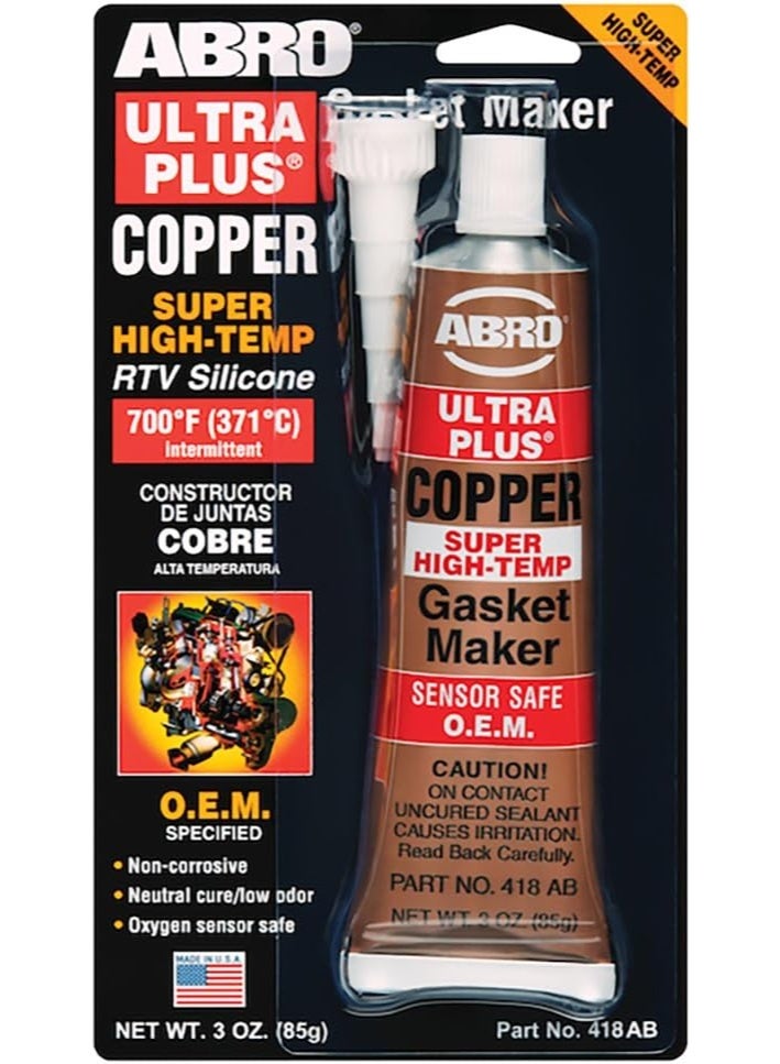 Abro ABRO Ultra Plus 999 RTV Silicone Sealant and Gasket Maker, for Import Engines, Sensor Safe, Non-Corrosive, High Temp Silicone Sealant, 650 Degrees F, 3 oz. Tube - Copper 