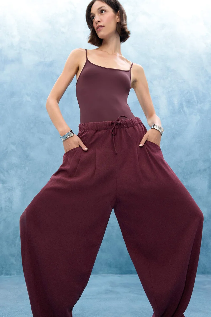 ديفاكتو Balloon Fit Double Pocket Linen Blended Trousers