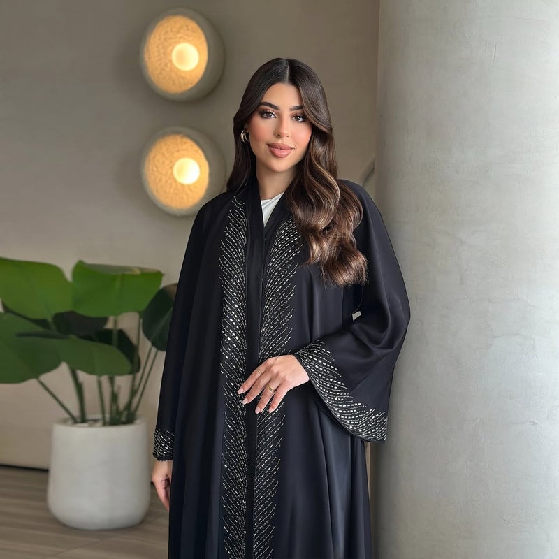 فستان أسود طويل محتشم مع أحجار الكريستال، واسع مناسب للصيف - Image 4