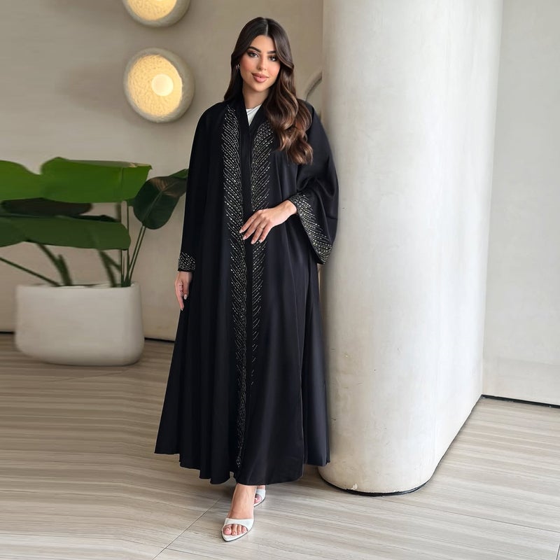فستان أسود طويل محتشم مع أحجار الكريستال، واسع مناسب للصيف - Image 2