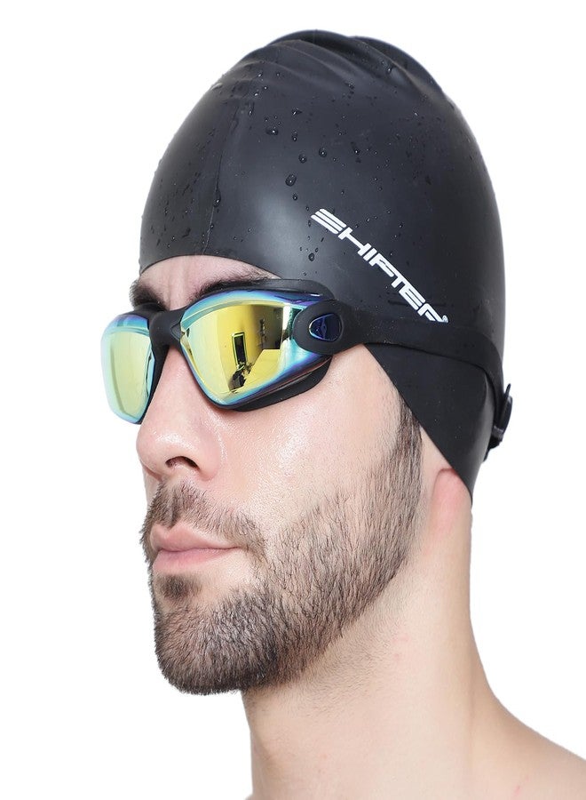 Shifter Premium Swimming Cap & Swimming Goggle Set,Antifog Mirrored Swim Goggles for Men Women Boys & Girls,Soft Silicone Swim Cap for Long & Short Hair (Black-Multi) - Image 1