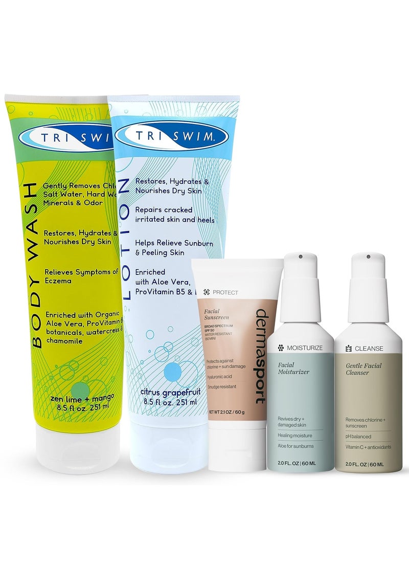 Triswim TRISWIM Chlorine Removal Body Wash  After Swim Lotion with Dermasport pH Balancing Cleanser Hydrating Face Moisturizer and Facial Sunscreen SPF 50 Bundle  Complete Skincare  Haircare for Swimmers 