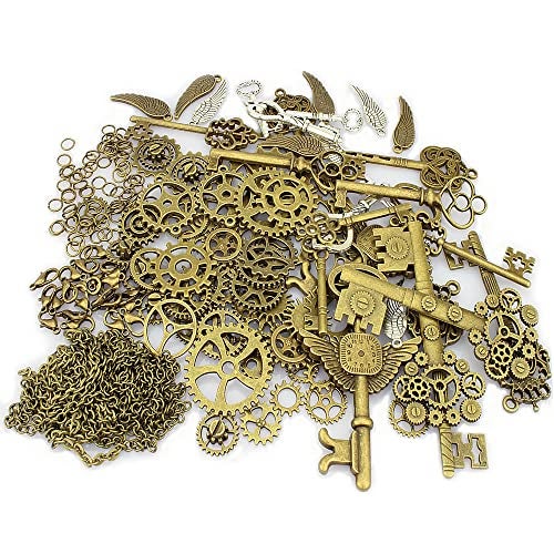 LolliBeads® 230 Gram Antiqued Bronze/Silver Metal Skeleton Keys and Wings, Bronze Steampunk Watch Gear Cog Wheel, Chains, Clasps and Jump Rings DIY Kits (300 Pcs) - Image 1