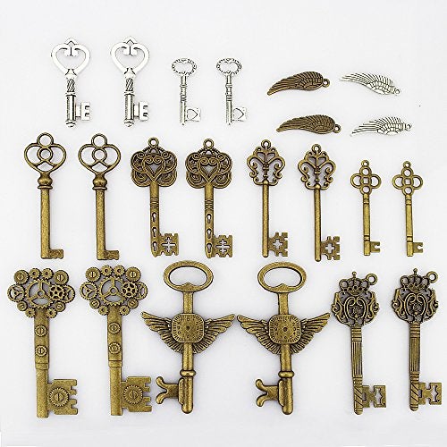 LolliBeads® 230 Gram Antiqued Bronze/Silver Metal Skeleton Keys and Wings, Bronze Steampunk Watch Gear Cog Wheel, Chains, Clasps and Jump Rings DIY Kits (300 Pcs) - Image 3
