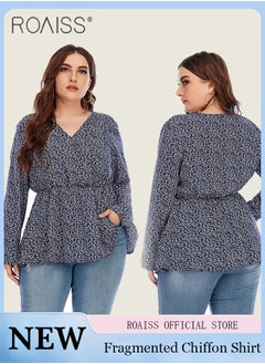 Women's Fashionable Floral Chiffon Shirt Classic V-Neck Design Long Sleeved Top Lightweight Material Waist Tightening Pullover