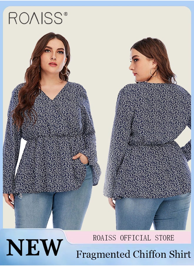 roaiss - Women's Fashionable Floral Chiffon Shirt Classic V-Neck Design Long Sleeved Top Lightweight Material Waist Tightening Pullover - Image 1