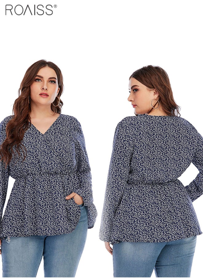 roaiss - Women's Fashionable Floral Chiffon Shirt Classic V-Neck Design Long Sleeved Top Lightweight Material Waist Tightening Pullover - Image 1