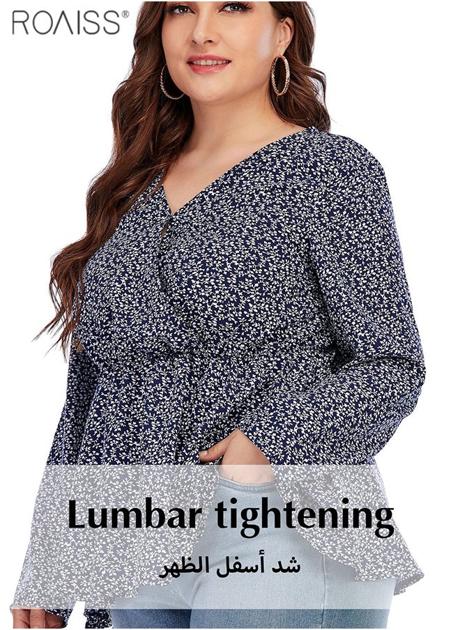 roaiss - Women's Fashionable Floral Chiffon Shirt Classic V-Neck Design Long Sleeved Top Lightweight Material Waist Tightening Pullover - Image 1