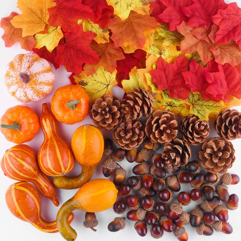 FFEPITO 96 Pcs Fall Thanksgiving Decorations Mini Artificial Pumpkins Pine Cones Fall Leaves Acorns for Fall Party Decorations Autumn Decorating Kit Halloween Thanksgiving Party Supplies