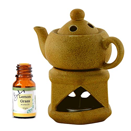 Brahmz Ceramic Aroma Diffuser Kettle Shape for Home and Office, Beige Color Candle Oil Burner with Lemon Grass Aroma Oil and 2 Tea Light Candles - Image 3