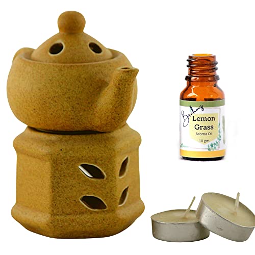 Brahmz Ceramic Aroma Diffuser Kettle Shape for Home and Office, Beige Color Candle Oil Burner with Lemon Grass Aroma Oil and 2 Tea Light Candles - Image 1