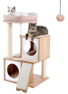 Cat Tree 89cm Wooden Cat Tower with Double Condos Spacious Perch Fully Wrapped Scratching Sisal Posts and Replaceable Dangling Balls-Walnut