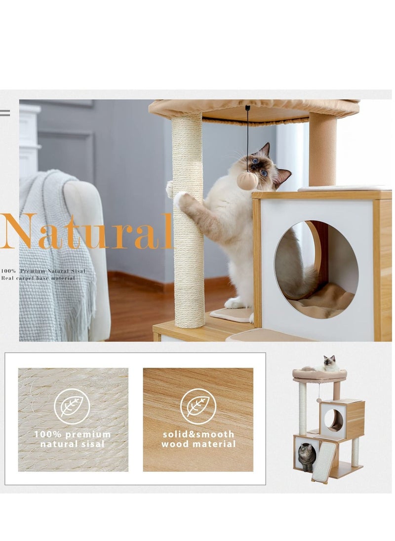 Alissa - Cat Tree 89cm Wooden Cat Tower with Double Condos Spacious Perch Fully Wrapped Scratching Sisal Posts and Replaceable Dangling Balls-Walnut - Image 1