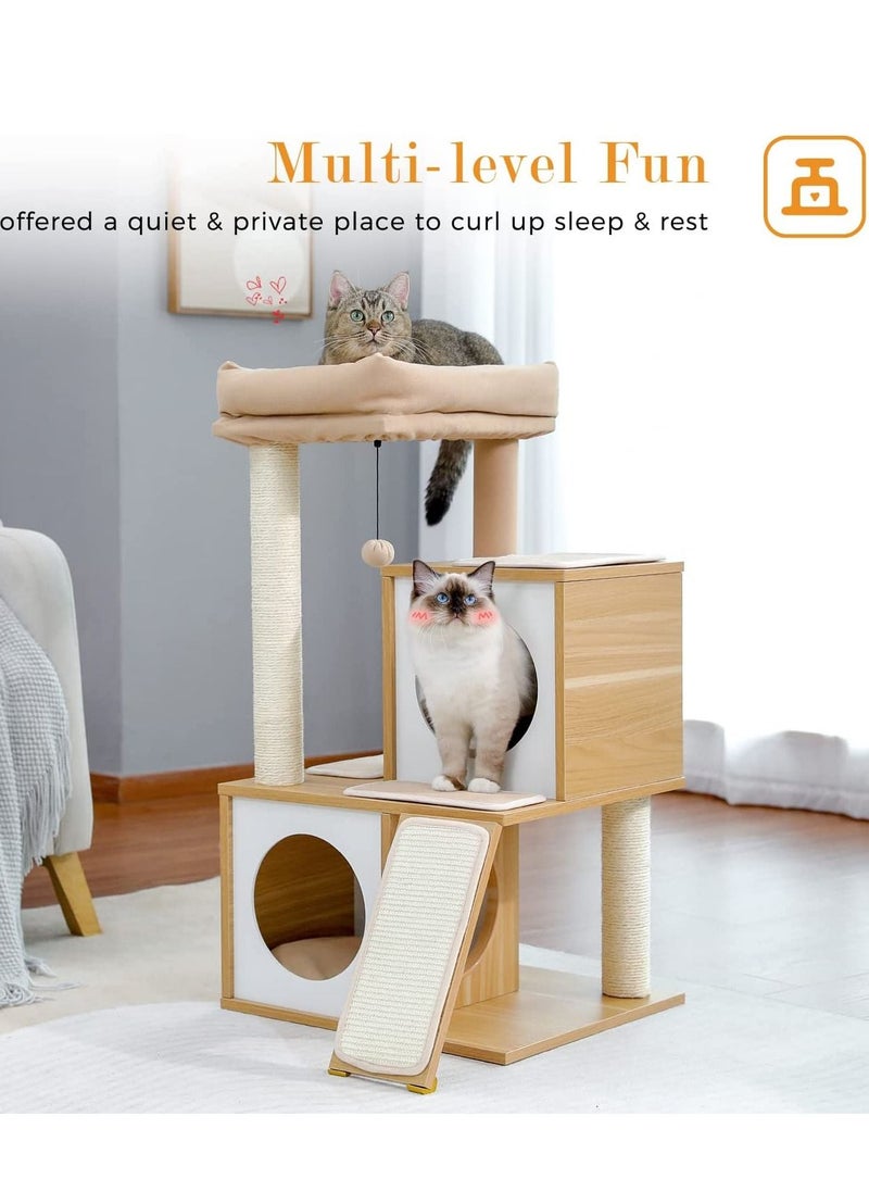 Alissa - Cat Tree 89cm Wooden Cat Tower with Double Condos Spacious Perch Fully Wrapped Scratching Sisal Posts and Replaceable Dangling Balls-Walnut - Image 1