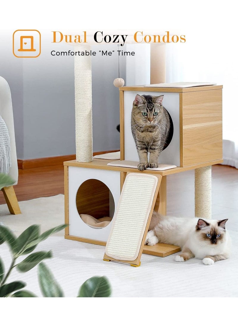 Alissa - Cat Tree 89cm Wooden Cat Tower with Double Condos Spacious Perch Fully Wrapped Scratching Sisal Posts and Replaceable Dangling Balls-Walnut - Image 1