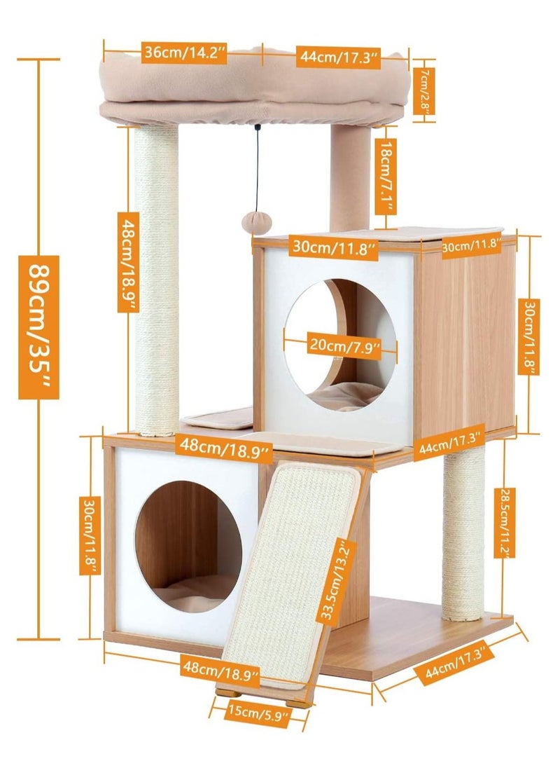 Alissa - Cat Tree 89cm Wooden Cat Tower with Double Condos Spacious Perch Fully Wrapped Scratching Sisal Posts and Replaceable Dangling Balls-Walnut - Image 1