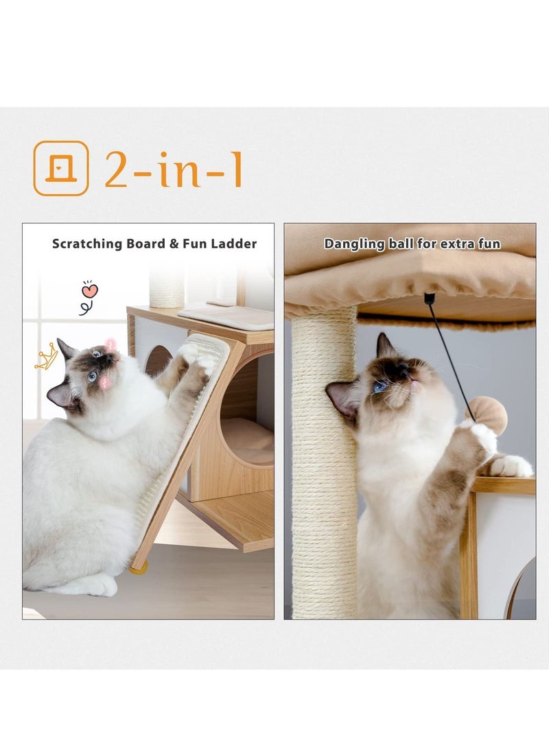Alissa - Cat Tree 89cm Wooden Cat Tower with Double Condos Spacious Perch Fully Wrapped Scratching Sisal Posts and Replaceable Dangling Balls-Walnut - Image 1