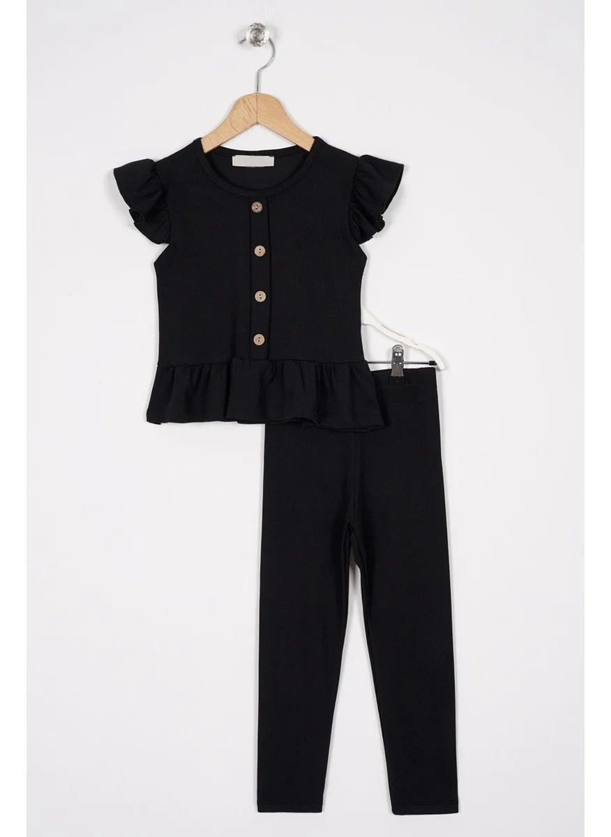 Zepkids Black Color Girl's Tights Set with Frilled Sleeves and Button Accessory on the Front