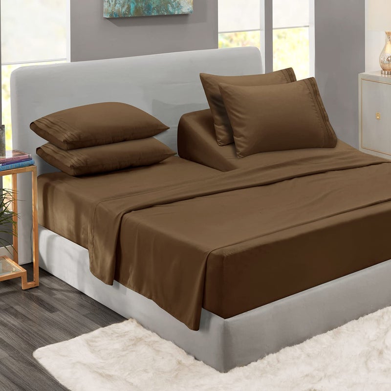 Clara Clark Flex Top King Sheets, 6 Piece Set - Hotel Luxury Sheets for Top Split King Bed, Super Soft Bedding Set, Head Split King Chocolate Brown - Image 1