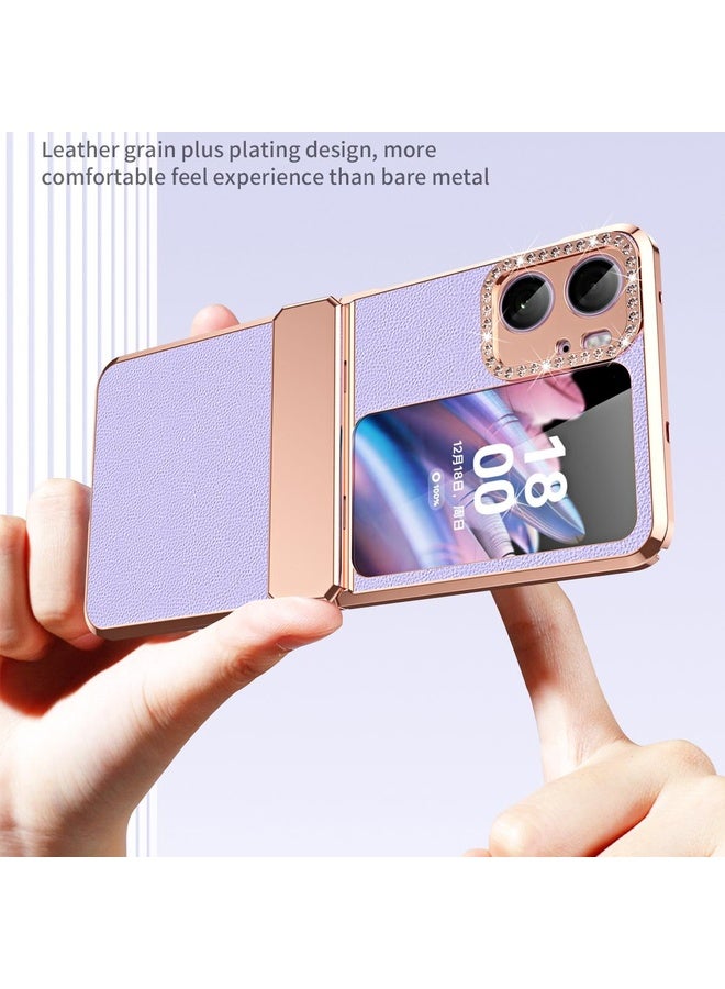 HuHa Case Cover For OPPO Find N2 Flip Plated Plain Leather Folding Phone Case with Hinge(Purple) - Image 3