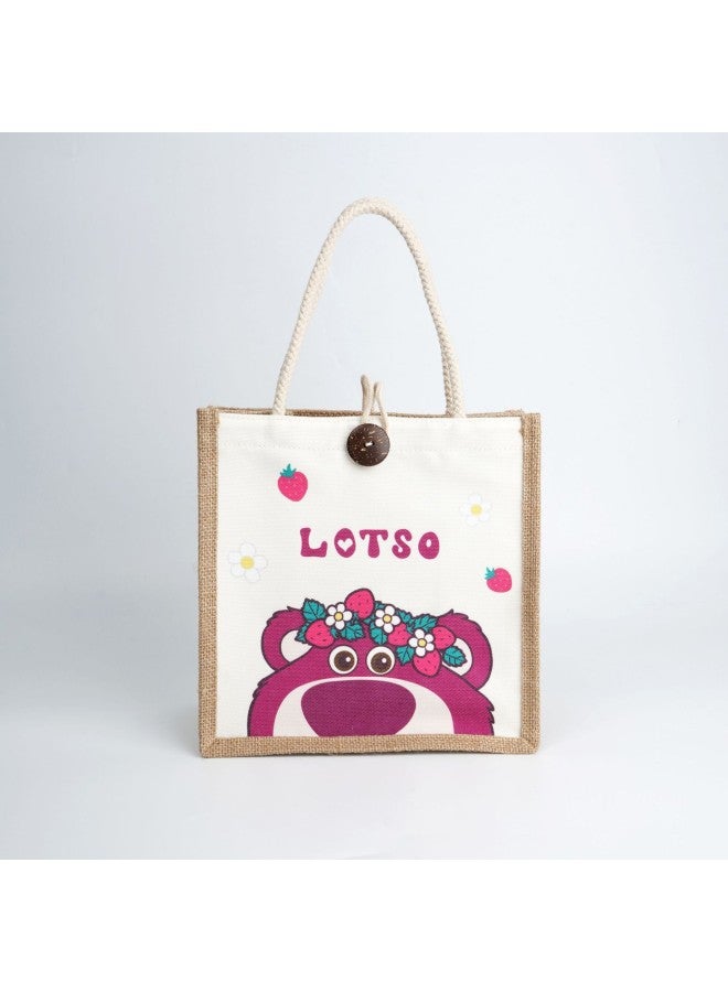 Disney Genuine Strawberry Bear Blossom Handbag Stitch Cotton And Linen Handbag Three-Eye Winnie The Pooh Bear Small Schoolbag-Color:Pixar Strawberry Bear Blossom Tote-Height:24*15*24cm - Image 1