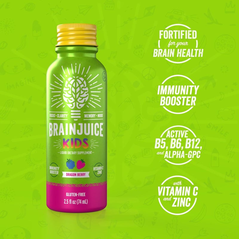 BrainJuice Kids Brain  Immune Support Shot Gluten Free Supplement Shots for Energy Focus Immunity with Vitamin D C B Alpha GPC  Organic Ginger Root Ages 5 Dragon Berry 25 fl oz 12 Pack - Image 2