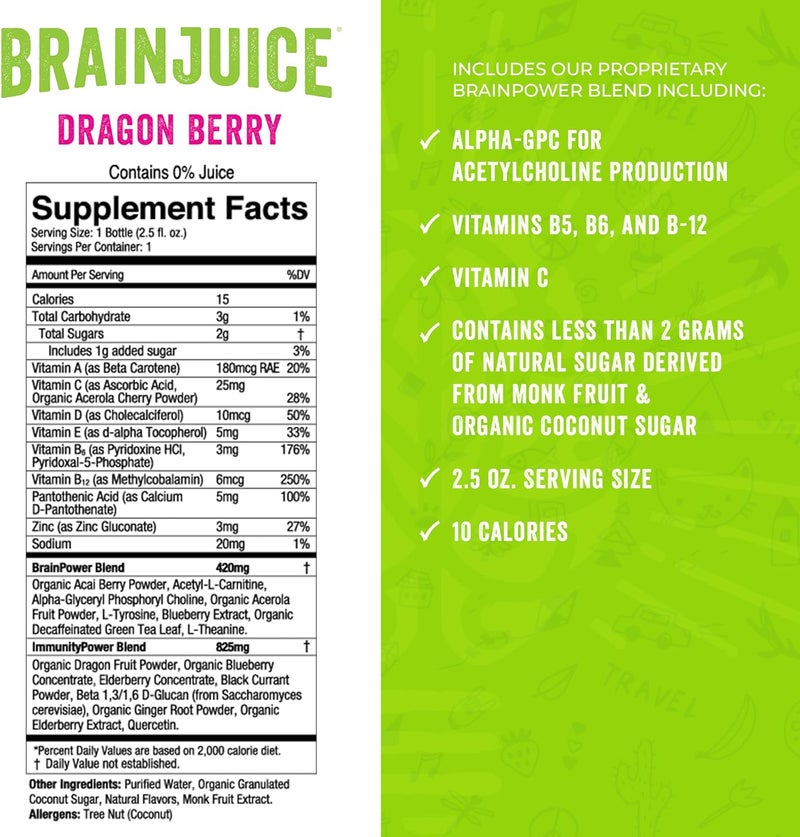 BrainJuice Kids Brain  Immune Support Shot Gluten Free Supplement Shots for Energy Focus Immunity with Vitamin D C B Alpha GPC  Organic Ginger Root Ages 5 Dragon Berry 25 fl oz 12 Pack - Image 4