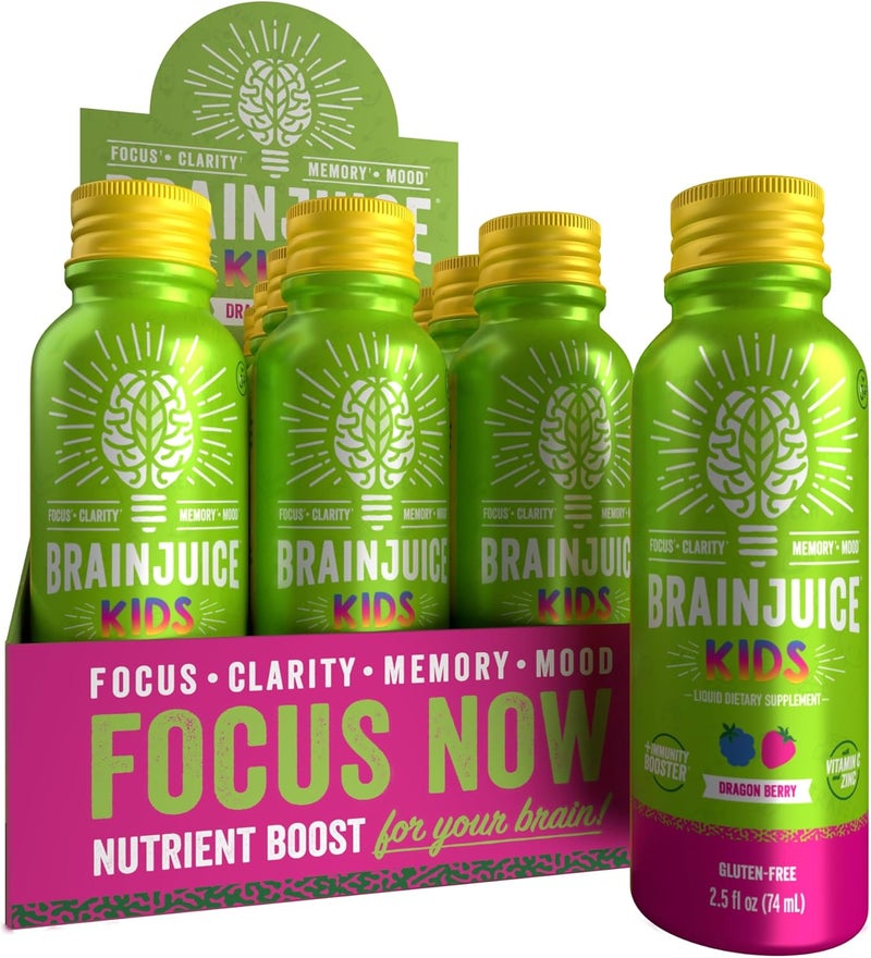 BrainJuice Kids Brain  Immune Support Shot Gluten Free Supplement Shots for Energy Focus Immunity with Vitamin D C B Alpha GPC  Organic Ginger Root Ages 5 Dragon Berry 25 fl oz 12 Pack - Image 1