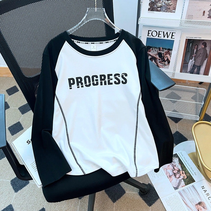 American Retro Color-Blocked Long-Sleeve T-Shirt 2025 New European and American Street Hip-Hop Loose Color-Blocked Top