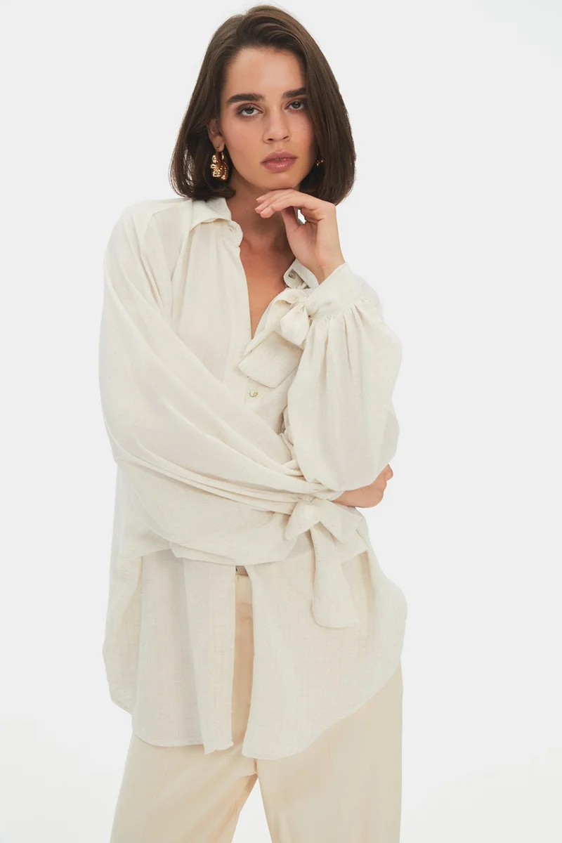 جون Women's Exclusive Oversize/Loose Cut Linen Viscose Blend Sleeves Tie Detail Shirt