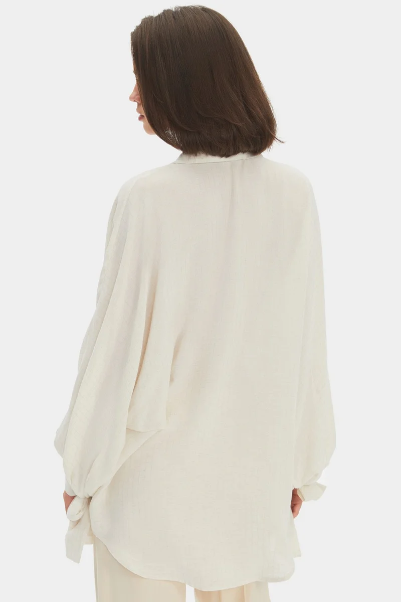 جون Women's Exclusive Oversize/Loose Cut Linen Viscose Blend Sleeves Tie Detail Shirt