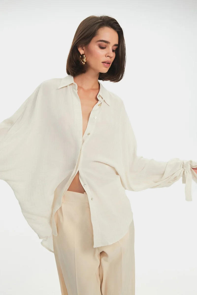 جون Women's Exclusive Oversize/Loose Cut Linen Viscose Blend Sleeves Tie Detail Shirt