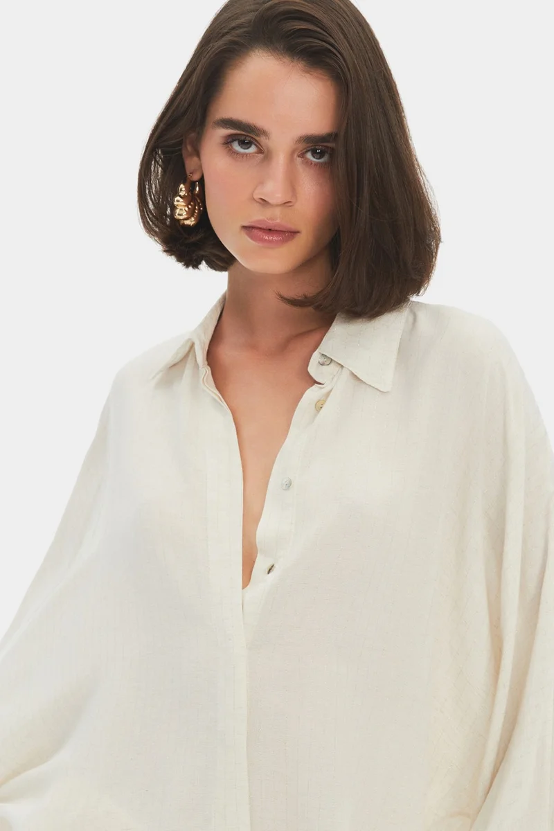 جون Women's Exclusive Oversize/Loose Cut Linen Viscose Blend Sleeves Tie Detail Shirt