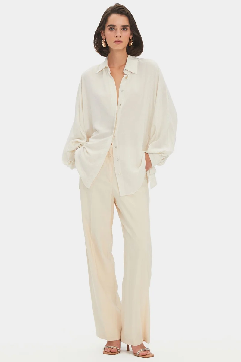 جون Women's Exclusive Oversize/Loose Cut Linen Viscose Blend Sleeves Tie Detail Shirt