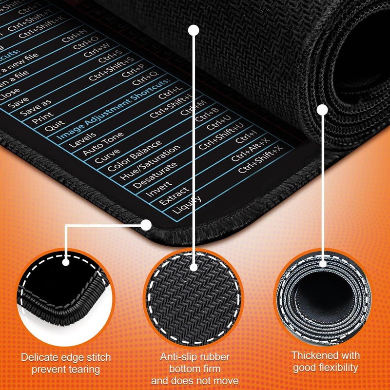 DOOMSDAY حصيرة مفاتيح اختصار لوحة المفاتيح غير القابلة للانزلاق - وسادة مكتب قابلة للغسل مع أنماط اختصار مستوحاة من إكسل، حواف مخيطة متينة، قاعدة مطاطية، وسادة ماوس موسعة للمكتب والألعاب (80 سم × 30 سم) - Image 5