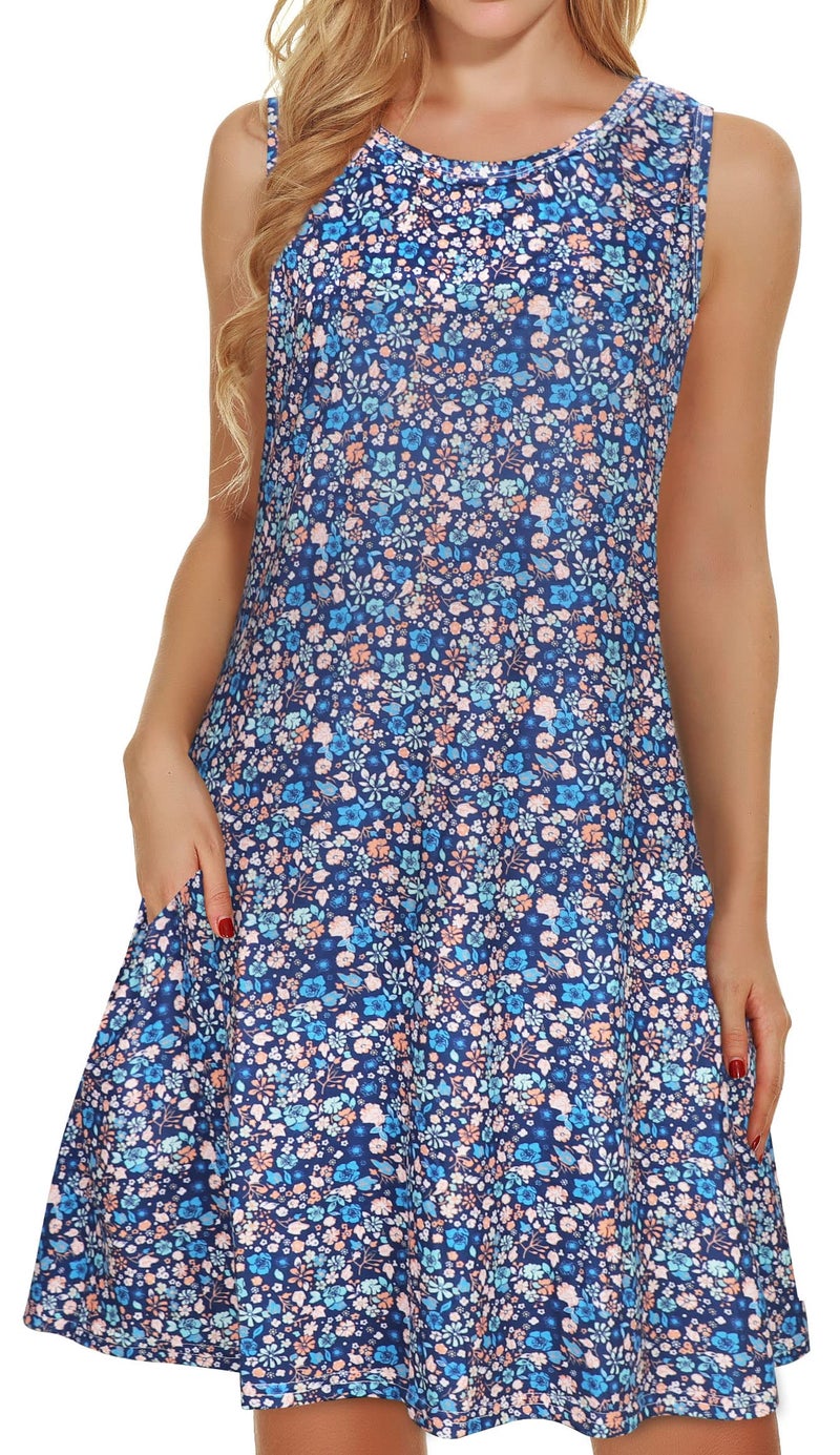 Summer Dresses for Women Beach Floral Tshirt Sundress Sleeveless Pockets Casual Loose Tank Dress (Blue Small Floral,L)