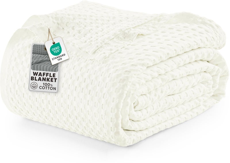 Utopia Bedding Ivory 100% Cotton Waffle Blanket 300 GSM [Queen - 90x90 Inch] Soft Lightweight Breathable Bed Blanket for All Season - Image 1
