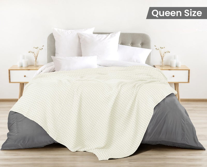 Utopia Bedding Ivory 100% Cotton Waffle Blanket 300 GSM [Queen - 90x90 Inch] Soft Lightweight Breathable Bed Blanket for All Season - Image 3