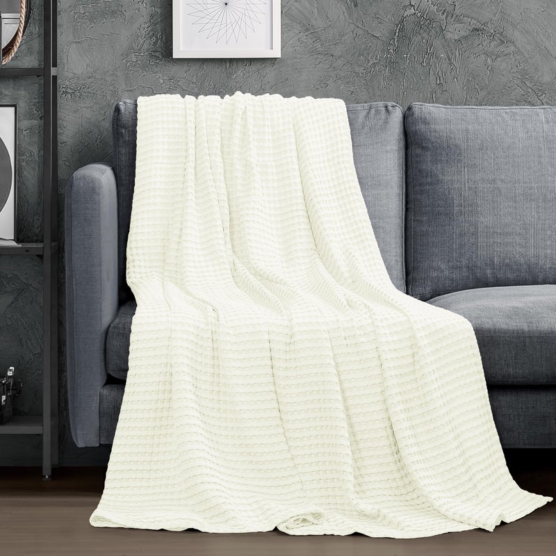 Utopia Bedding Ivory 100% Cotton Waffle Blanket 300 GSM [Queen - 90x90 Inch] Soft Lightweight Breathable Bed Blanket for All Season - Image 2