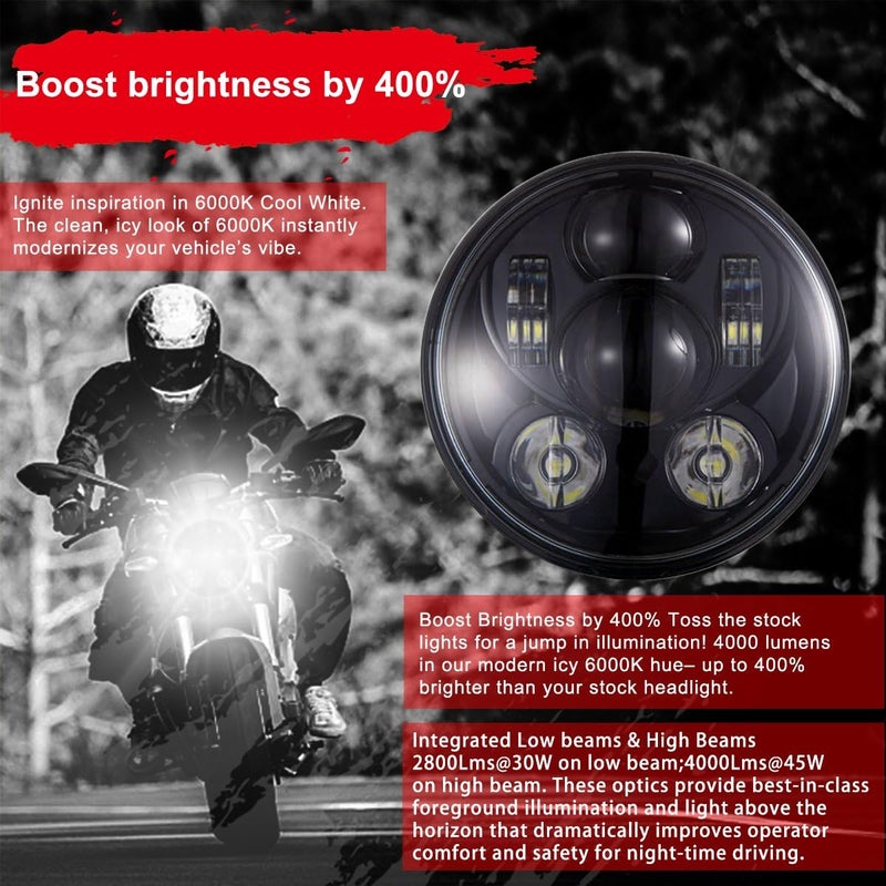 Wisamic 5-3/4 5.75 inch LED Headlight - Compatible with Harley Davidson Dyna Street Bob Super Wide Glide Low Rider Night Rod Train Softail Deuce Custom Sportster Iron 883-Black - Image 2