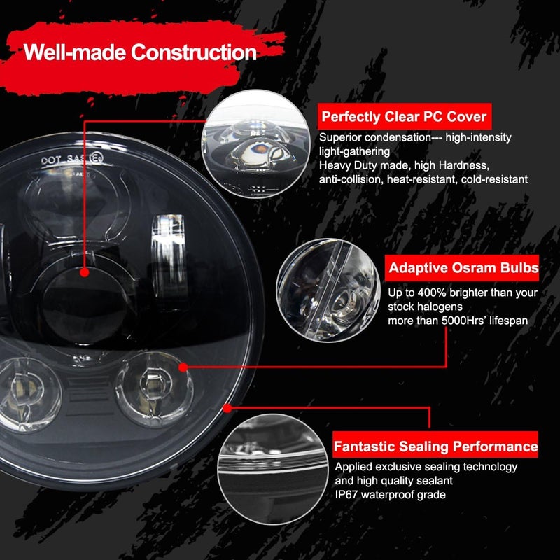 Wisamic 5-3/4 5.75 inch LED Headlight - Compatible with Harley Davidson Dyna Street Bob Super Wide Glide Low Rider Night Rod Train Softail Deuce Custom Sportster Iron 883-Black - Image 4