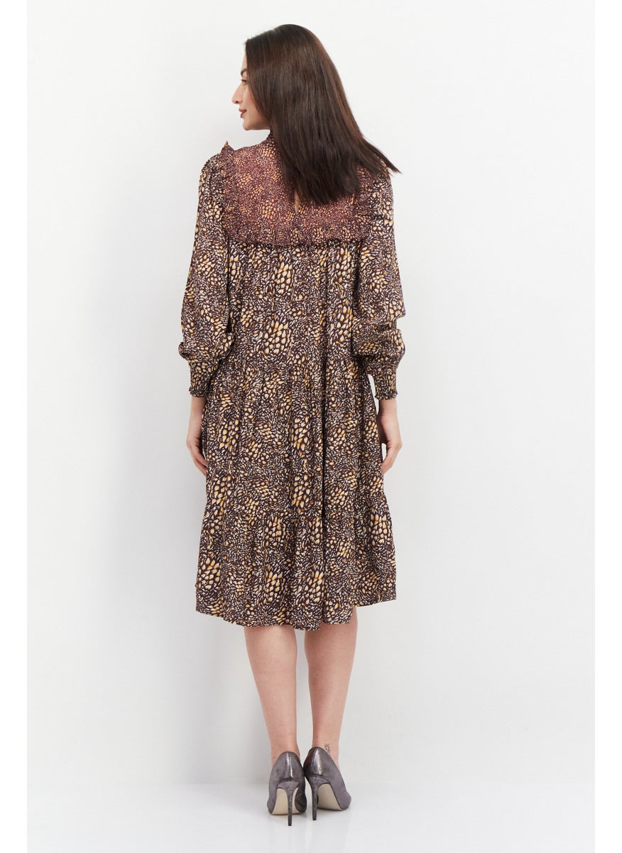 French Connection Women Allover Print Midi Dress, Brown Combo  - Image 4