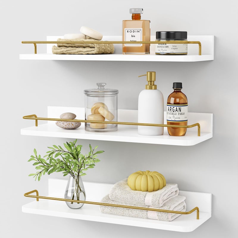 Forbena Gold Floating Shelves for Wall Decor Set of 3, Bathroom Shelves Over Toilet, Modern Display Wall Shelf with Guard Rail for Living Room Bedroom Organizers and Storage - White and Gold - Image 1
